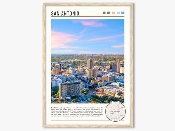 Descriptive Minimalist San Antonio Poster in Wooden Frame