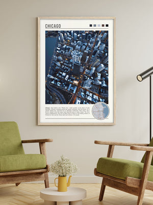 Descriptive Minimalist Chicago Poster in Wooden Frame displayed in a living room with green chairs.