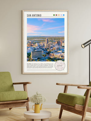 Descriptive Minimalist San Antonio Poster in Wooden Frame displayed in a living room with green chairs.