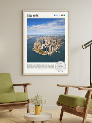 Descriptive Minimalist New York Poster in Wooden Frame displayed in a living room with green chairs.