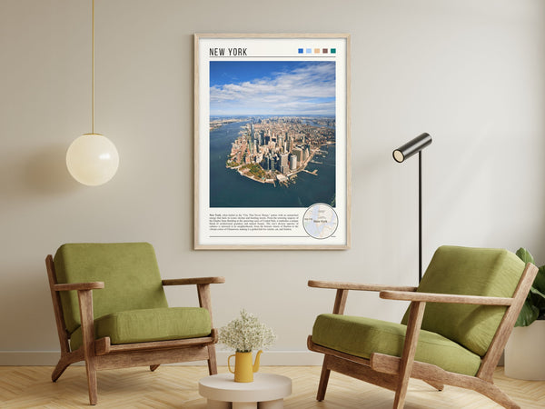 Descriptive Minimalist New York Poster in Wooden Frame displayed in a living room with green chairs.