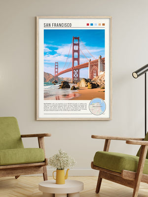 Descriptive Minimalist San Francisco Poster in Wooden Frame displayed in a living room with green chairs.