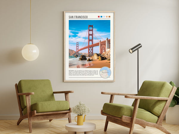 Descriptive Minimalist San Francisco Poster in Wooden Frame displayed in a living room with green chairs.