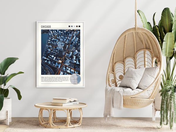 Descriptive Minimalist Chicago Poster in White Frame displayed in a modern living room with a wicker chair.