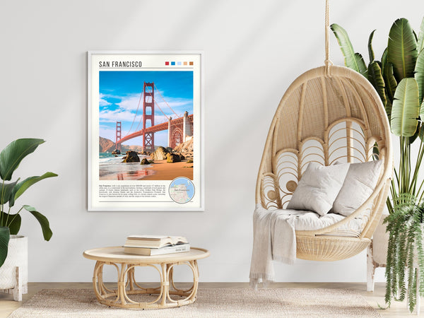 Descriptive Minimalist San Francisco Poster in White Frame displayed in a modern living room with a wicker chair.