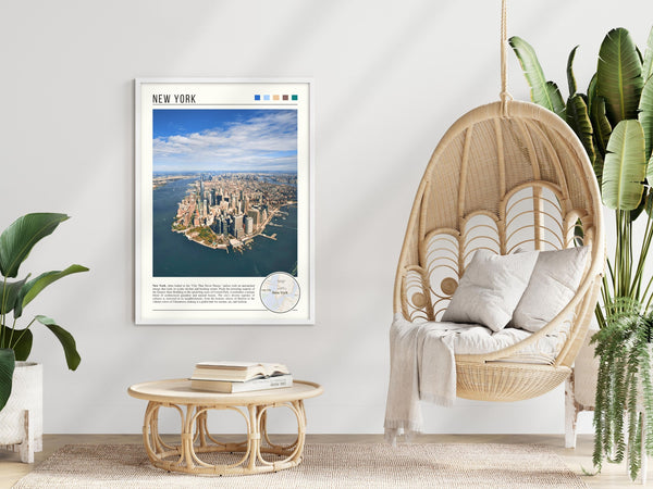 Descriptive Minimalist New York Poster in White Frame displayed in a modern living room with a wicker chair.