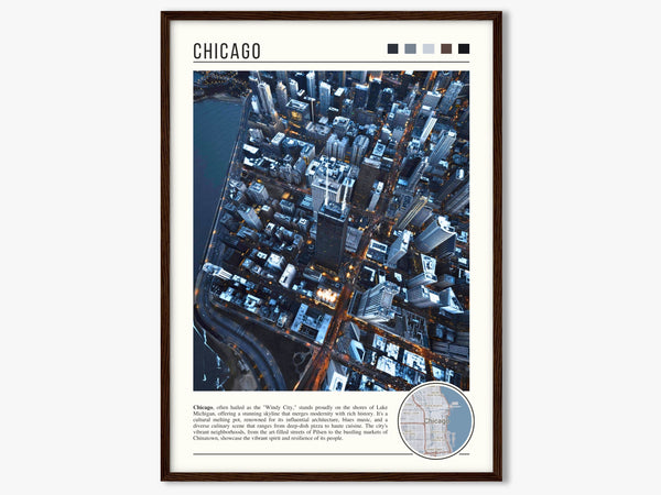 Descriptive Minimalist Chicago Poster in Dark Wooden Frame