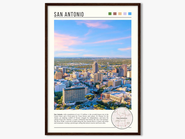 Descriptive Minimalist San Antonio Poster in Dark Wooden Frame