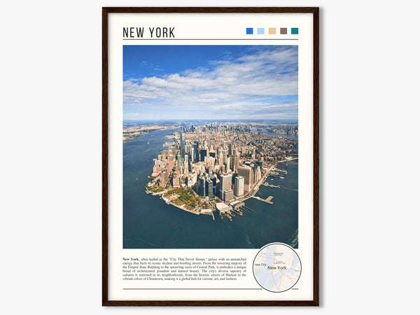 Descriptive Minimalist New York Poster in Dark Wooden Frame