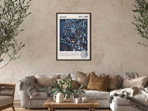 Descriptive Minimalist Chicago Poster in Dark Wooden Frame displayed in a cozy living room with a beige sofa.