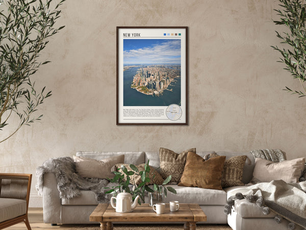 Descriptive Minimalist New York Poster in Dark Wooden Frame displayed in a cozy living room with a beige sofa.