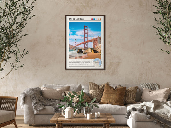 Descriptive Minimalist San Francisco Poster in Dark Wooden Frame displayed in a cozy living room with a beige sofa.