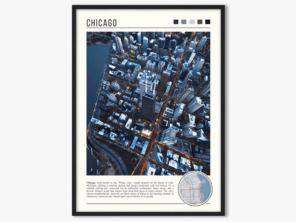 Descriptive Minimalist Chicago Poster in Black Frame displayed in a living room with a gray armchair.