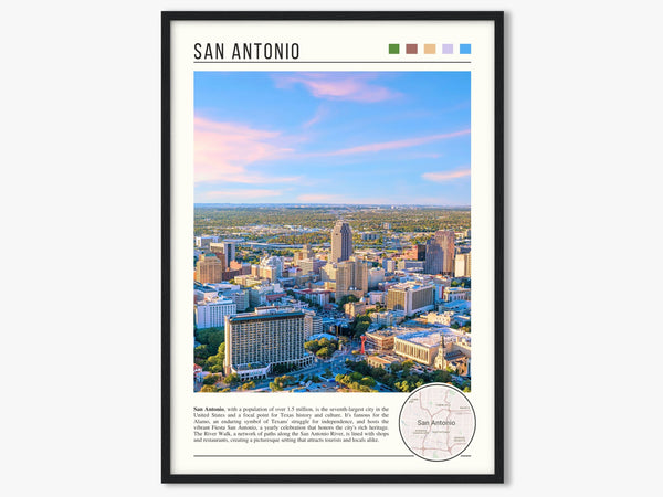 Descriptive Minimalist San Antonio Poster in Black Frame displayed in a living room with a gray armchair.