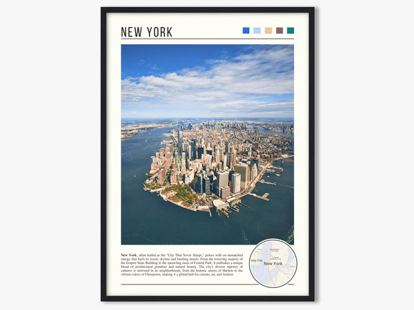 Descriptive Minimalist New York Poster in Black Frame displayed in a living room with a gray armchair.