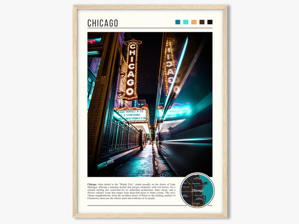 Descriptive Minimalist Chicago Poster in Wooden Frame