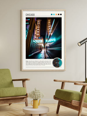 Descriptive Minimalist Chicago Poster in Wooden Frame displayed in a living room with green chairs.