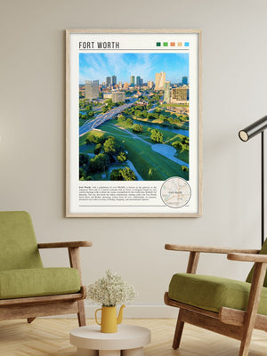 Descriptive Minimalist Fort Worth Poster in Wooden Frame displayed in a living room with green chairs.