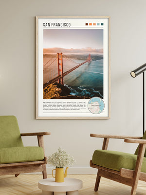 Descriptive Minimalist San Francisco Poster in Wooden Frame displayed in a living room with green chairs.