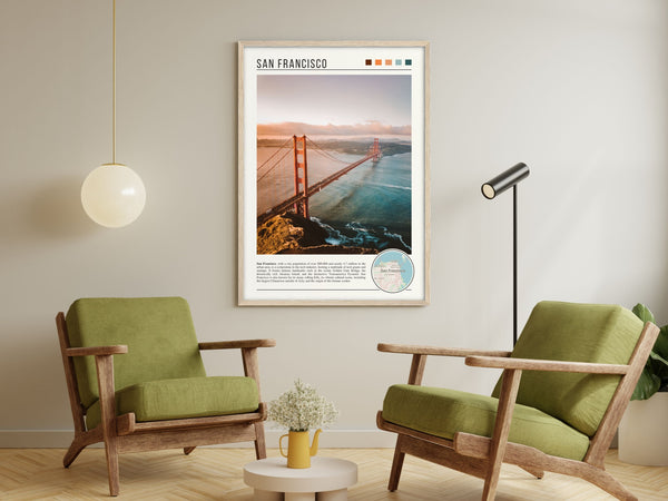 Descriptive Minimalist San Francisco Poster in Wooden Frame displayed in a living room with green chairs.