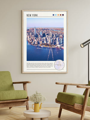 Descriptive Minimalist New York Poster in Wooden Frame displayed in a living room with green chairs.