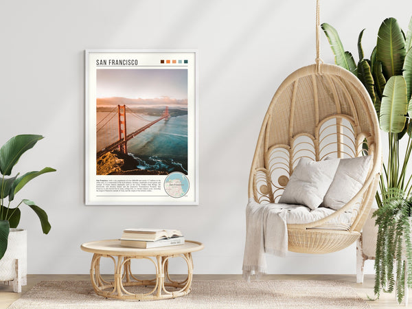 Descriptive Minimalist San Francisco Poster in White Frame displayed in a modern living room with a wicker chair.