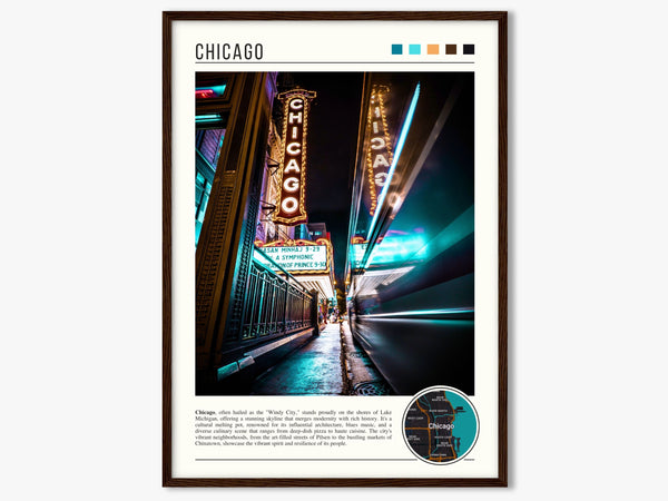 Descriptive Minimalist Chicago Poster in Dark Wooden Frame