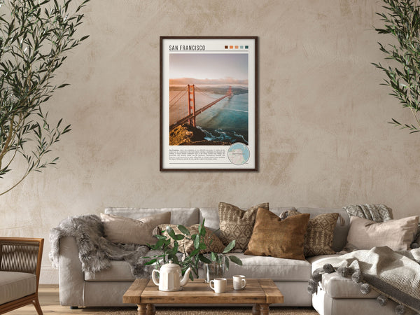 Descriptive Minimalist San Francisco Poster in Dark Wooden Frame displayed in a cozy living room with a beige sofa.