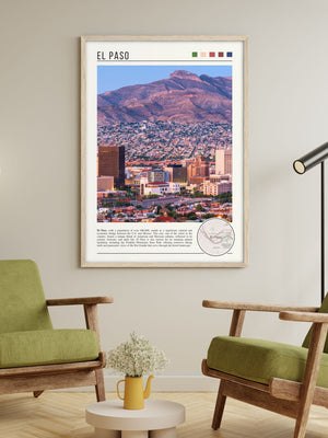 Descriptive Minimalist El Paso Poster in Wooden Frame displayed in a living room with green chairs.