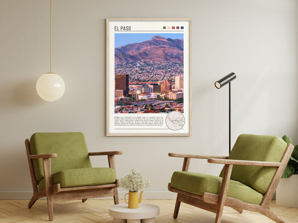 Descriptive Minimalist El Paso Poster in Wooden Frame displayed in a living room with green chairs.