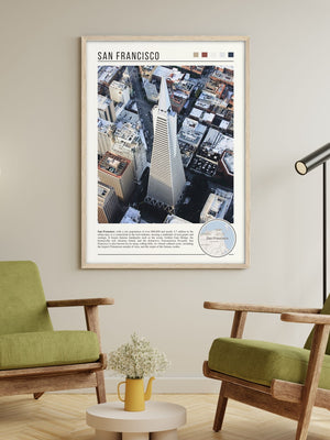 Descriptive Minimalist San Francisco Poster in Wooden Frame displayed in a living room with green chairs.