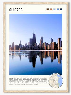 Descriptive Minimalist Chicago Skyline Poster in Wooden Frame