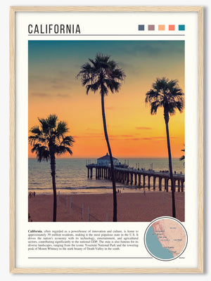 Descriptive Minimalist California Poster in Wooden Frame