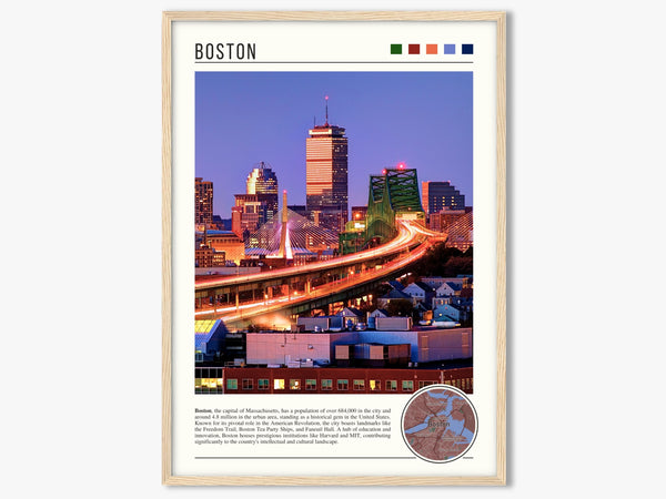 Descriptive Minimalist Boston Poster in Wooden Frame