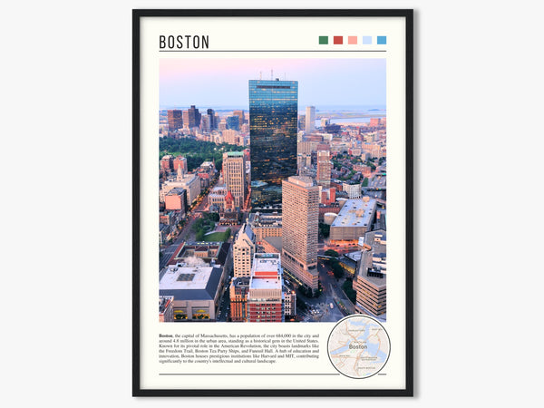 Descriptive Minimalist Boston Poster in Black Frame displayed in a living room with a gray armchair.