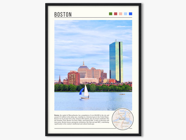 Descriptive Minimalist Boston Poster in Black Frame displayed in a living room with a gray armchair.