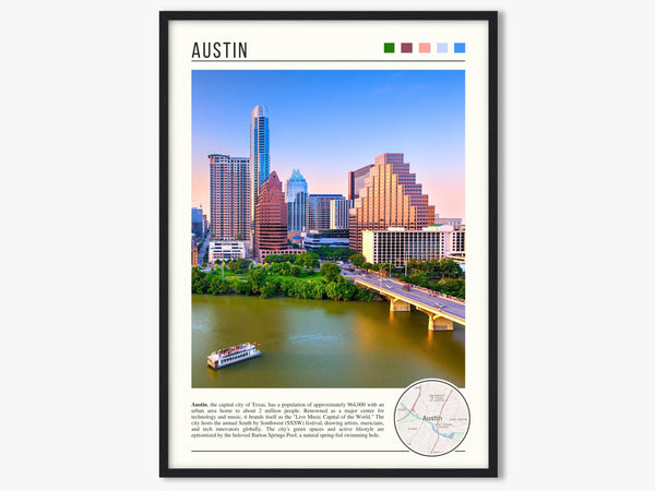 Descriptive Minimalist Austin Poster in Black Frame displayed in a living room with a gray armchair.