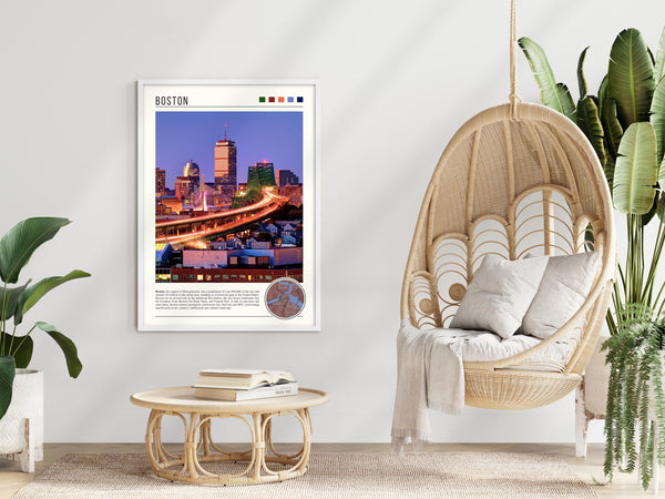 Descriptive Minimalist Boston Poster in White Frame displayed in a modern living room with a wicker chair.