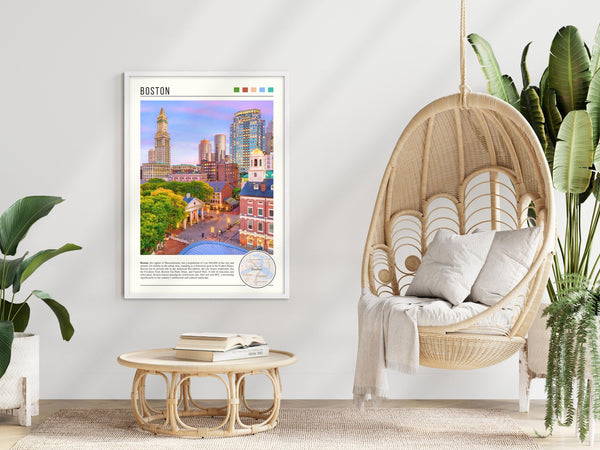 Descriptive Minimalist Boston Poster in White Frame displayed in a modern living room with a wicker chair.