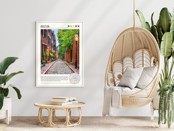 Descriptive Minimalist Boston Poster in White Frame displayed in a modern living room with a wicker chair.