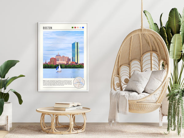 Descriptive Minimalist Boston Poster in White Frame displayed in a modern living room with a wicker chair.