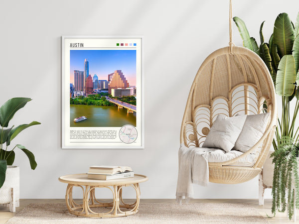 Descriptive Minimalist Austin Poster in White Frame displayed in a modern living room with a wicker chair.