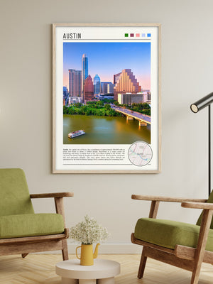 Descriptive Minimalist Austin Poster in Wooden Frame displayed in a living room with green chairs.