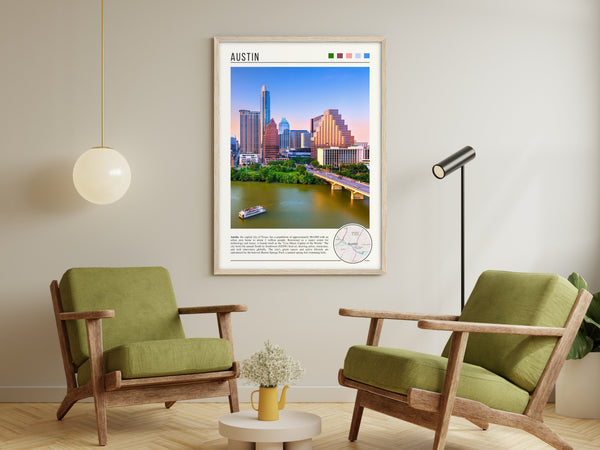 Descriptive Minimalist Austin Poster in Wooden Frame displayed in a living room with green chairs.