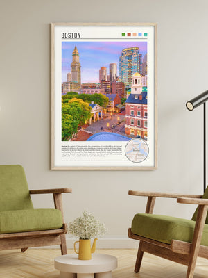 Descriptive Minimalist Boston Poster in Wooden Frame displayed in a living room with green chairs.