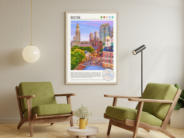 Descriptive Minimalist Boston Poster in Wooden Frame displayed in a living room with green chairs.