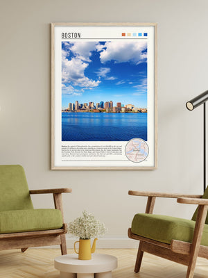 Descriptive Minimalist Boston Poster in Wooden Frame displayed in a living room with green chairs.