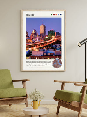 Descriptive Minimalist Boston Poster in Wooden Frame displayed in a living room with green chairs.