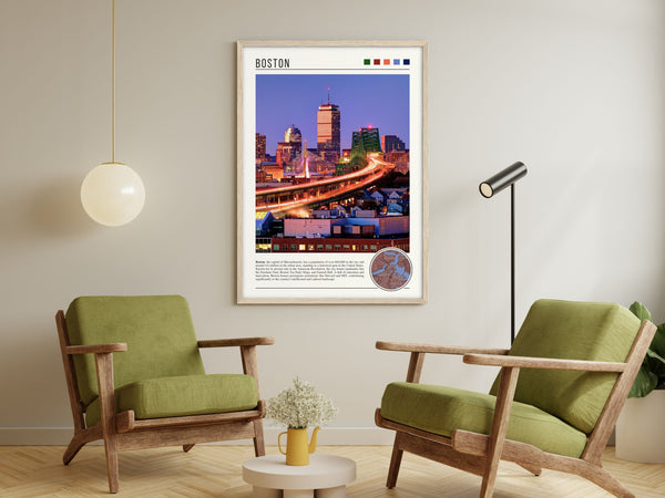 Descriptive Minimalist Boston Poster in Wooden Frame displayed in a living room with green chairs.