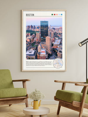 Descriptive Minimalist Boston Poster in Wooden Frame displayed in a living room with green chairs.